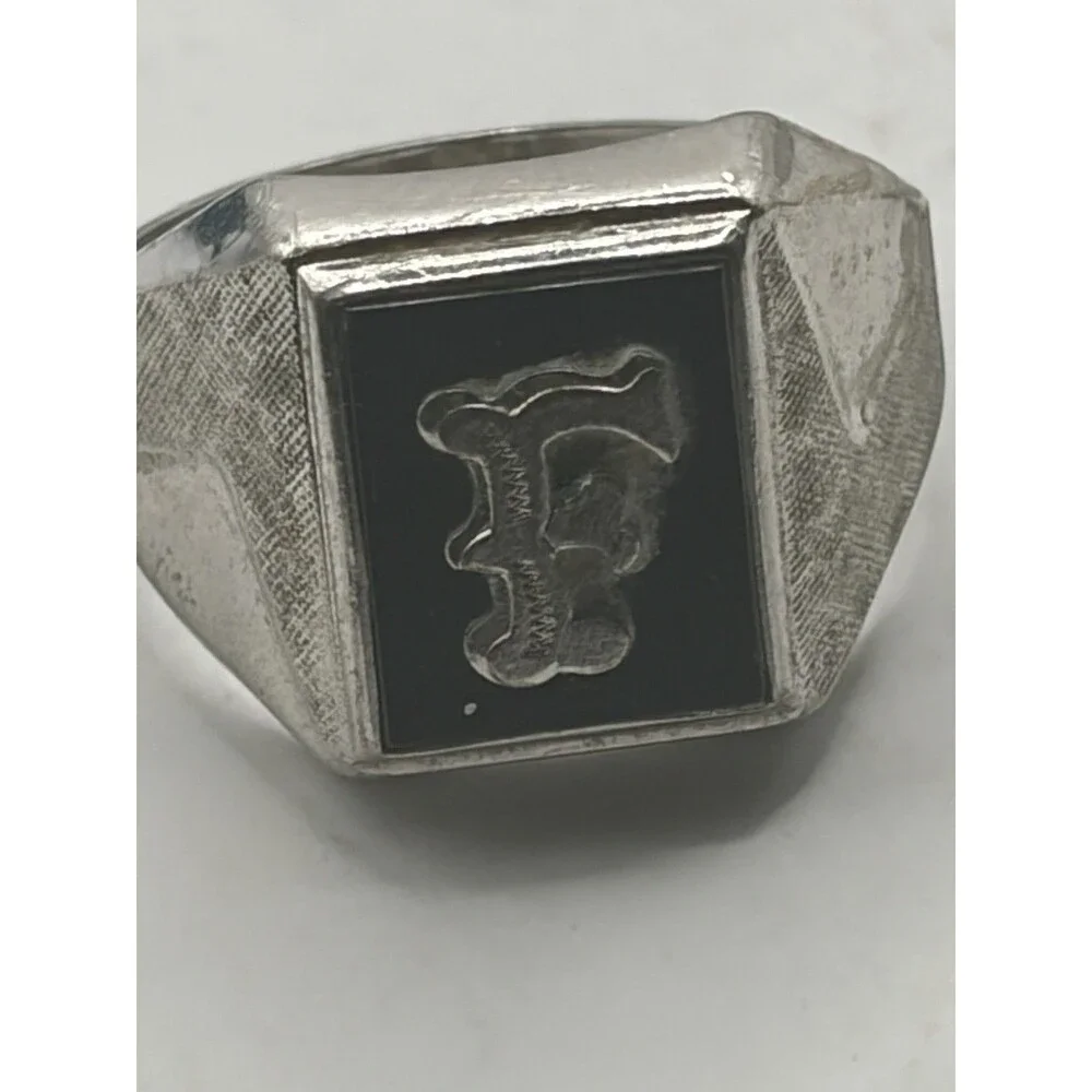 Men's 925 Sterling Silver and Onyx Letter ''f